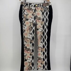 LANCA PERFUME Gold Washed Denim Floral Lattice Slimming Panel Pants Brazil 12/14